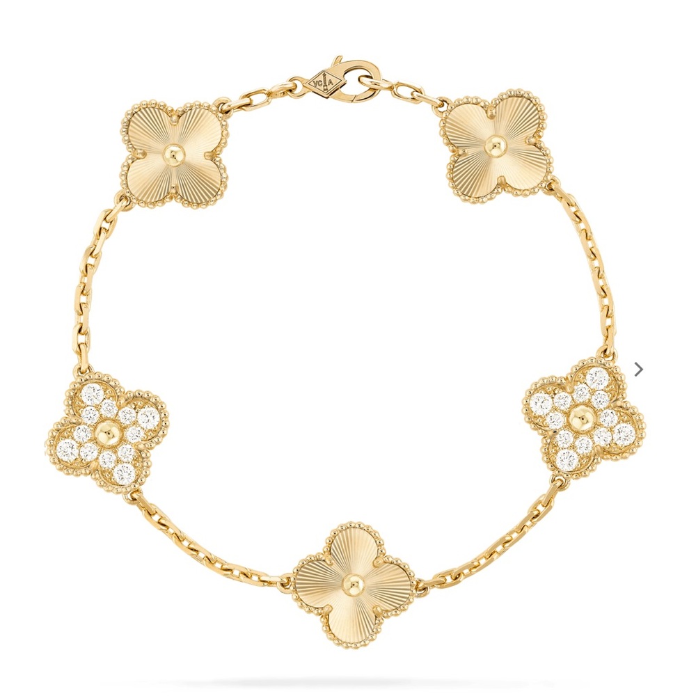Van Cleef & Arpels Guilloche Alhambra Bracelet 18k Yellow Gold and Diamonds